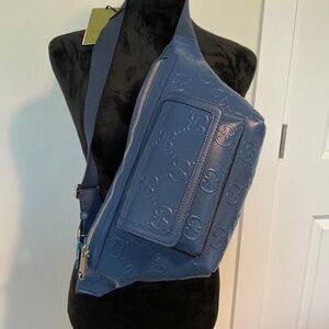 GUCCI blue Calf TENNIS perforated GG Embossed leather 90-36 Belt Bag